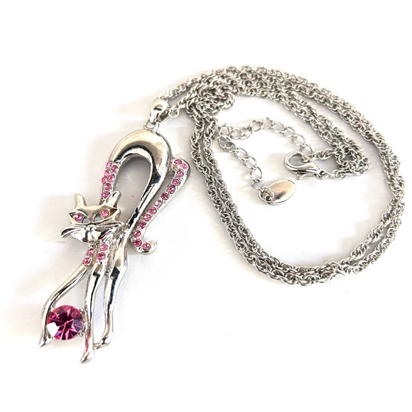 Cat Arched Back Pink Stones Pendant Necklace Silver Tone Long 24” Chain - Picture 3 of 9